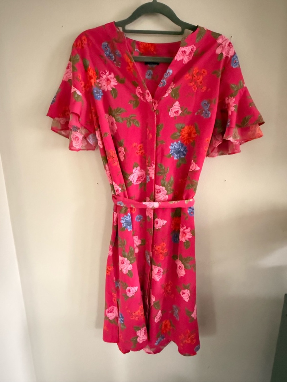 Ann Taylor Floral Belted Mini Dress in Hot Pink with Multicolor Blooms